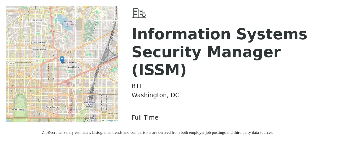 BTI job posting for a Information Systems Security Manager (ISSM) in Washington, DC with a salary of $107,200 to $155,700 Yearly with a map of Washington location.