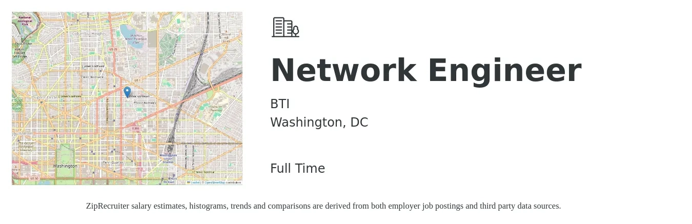 BTI job posting for a Network Engineer in Washington, DC with a salary of $100,400 to $150,600 Yearly with a map of Washington location.