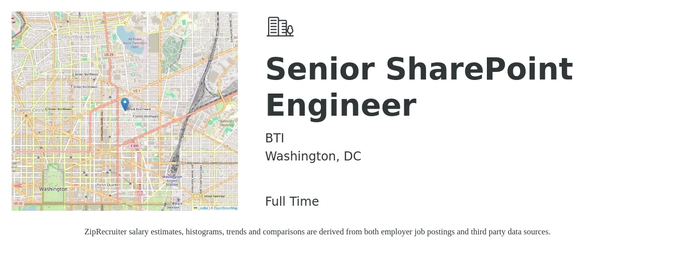 BTI job posting for a Senior SharePoint Engineer in Washington, DC with a salary of $122,400 to $146,700 Yearly with a map of Washington location.