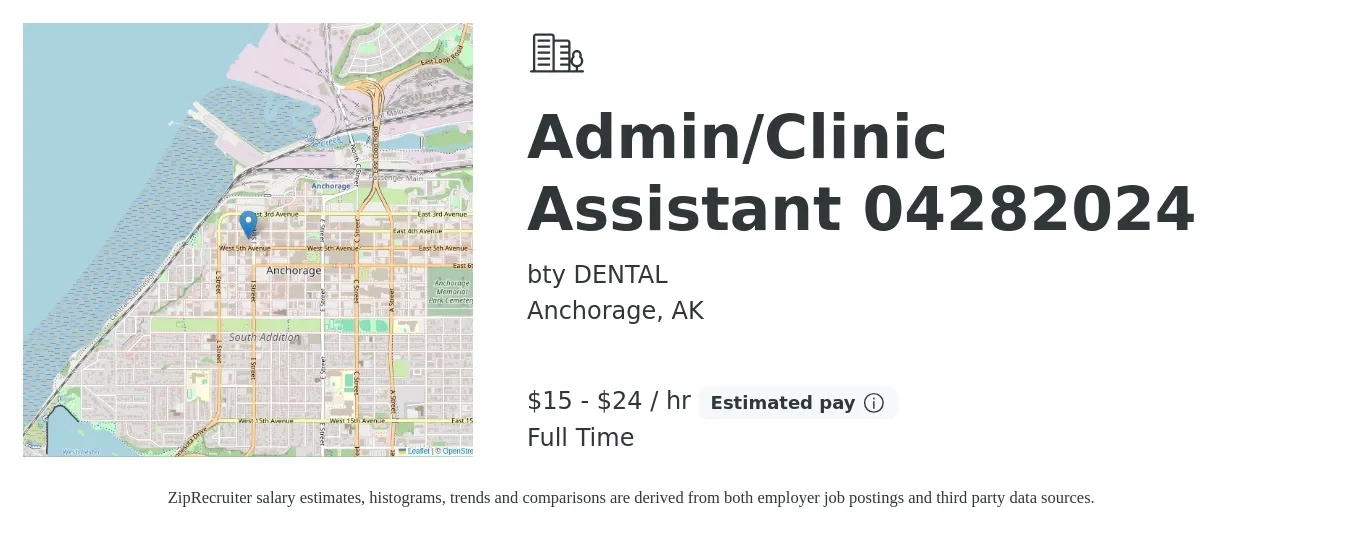 bty DENTAL job posting for a Admin/Clinic Assistant 05152024 in Anchorage, AK with a salary of $16 to $25 Hourly with a map of Anchorage location.