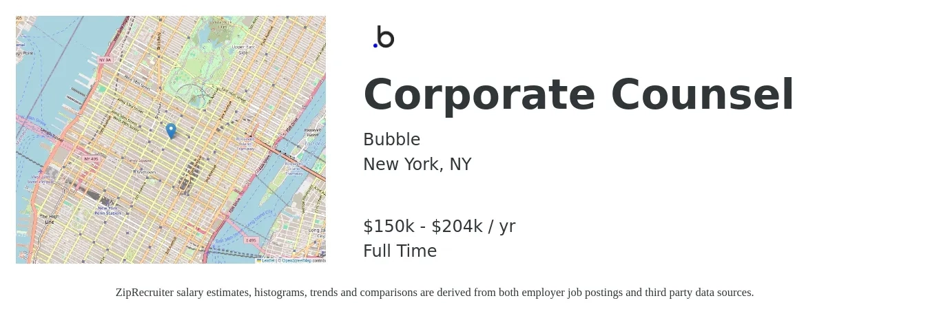 Bubble job posting for a Corporate Counsel in New York, NY with a salary of $150,000 to $204,000 Yearly with a map of New York location.