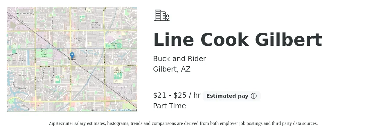 Buck and Rider job posting for a Line Cook Gilbert in Gilbert, AZ with a salary of $22 to $27 Hourly with a map of Gilbert location.