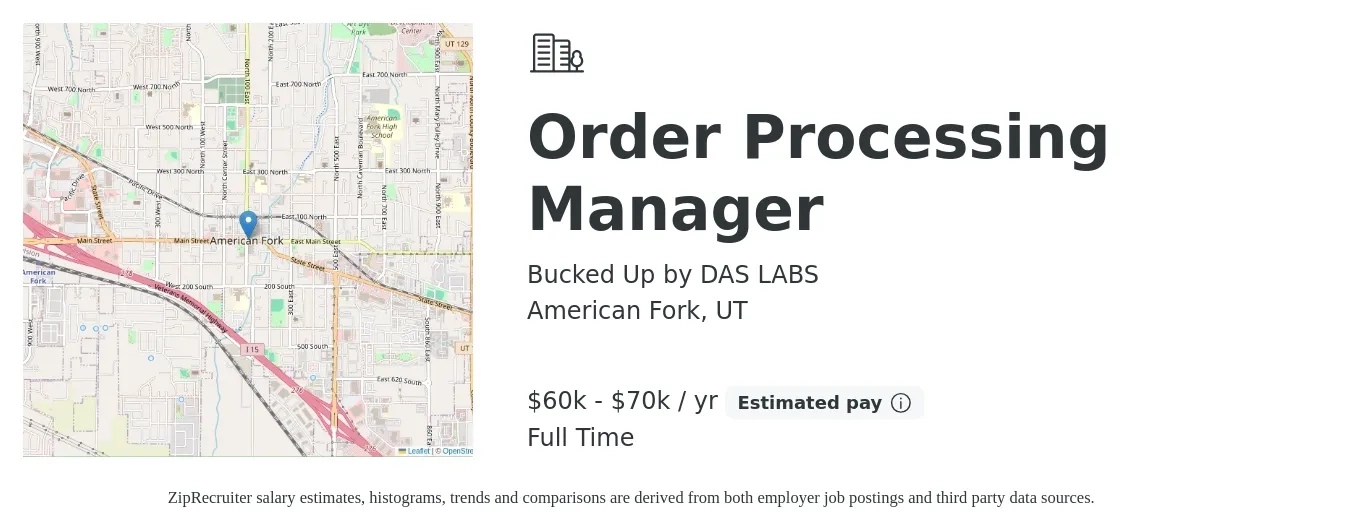 Bucked Up by DAS LABS job posting for a Order Processing Manager in American Fork, UT with a salary of $60,000 to $70,000 Yearly with a map of American Fork location.