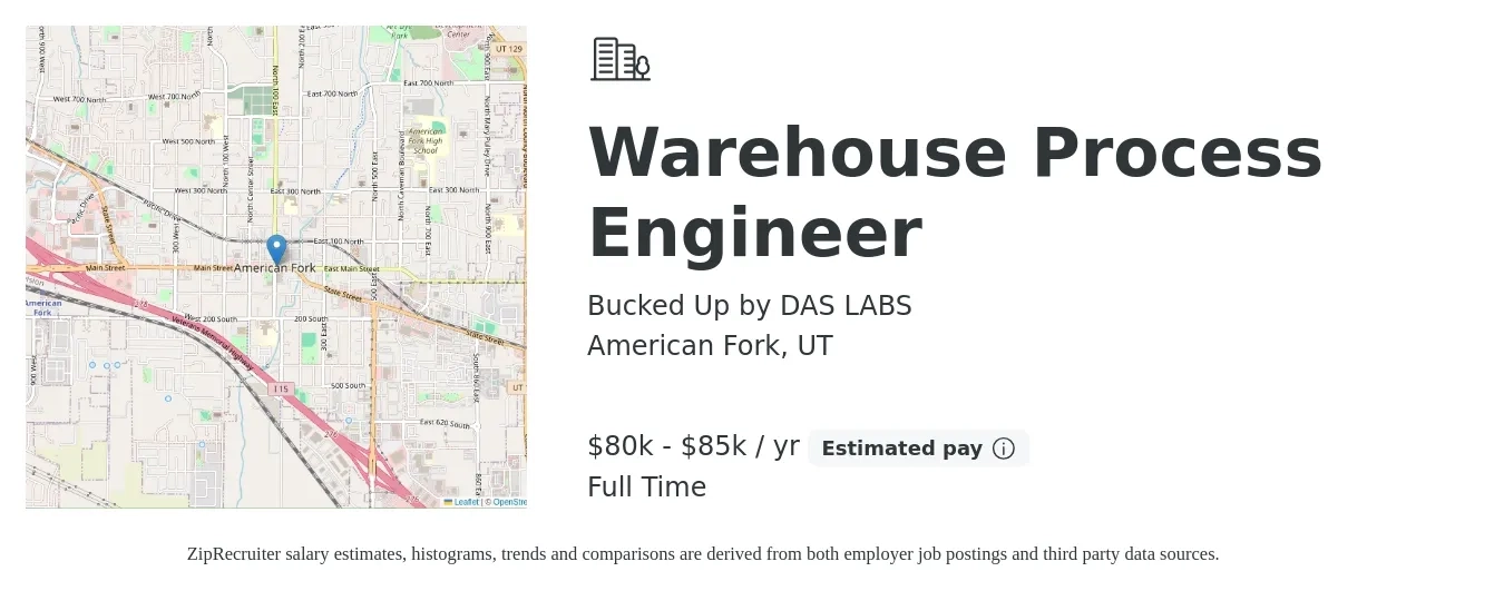 Bucked Up by DAS LABS job posting for a Warehouse Process Engineer in American Fork, UT with a salary of $80,000 to $85,000 Yearly with a map of American Fork location.
