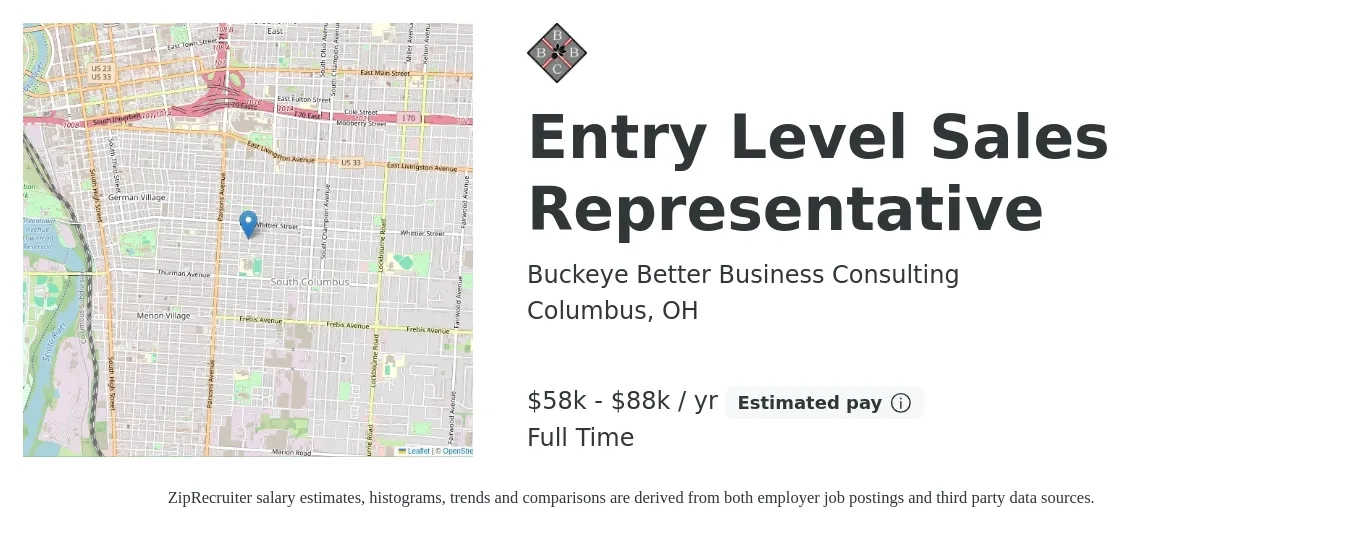 Buckeye Better Business Consulting job posting for a ENTRY LEVEL SALES REPRESENTATIVE in Columbus, OH with a salary of $58,359 to $88,696 Yearly with a map of Columbus location.