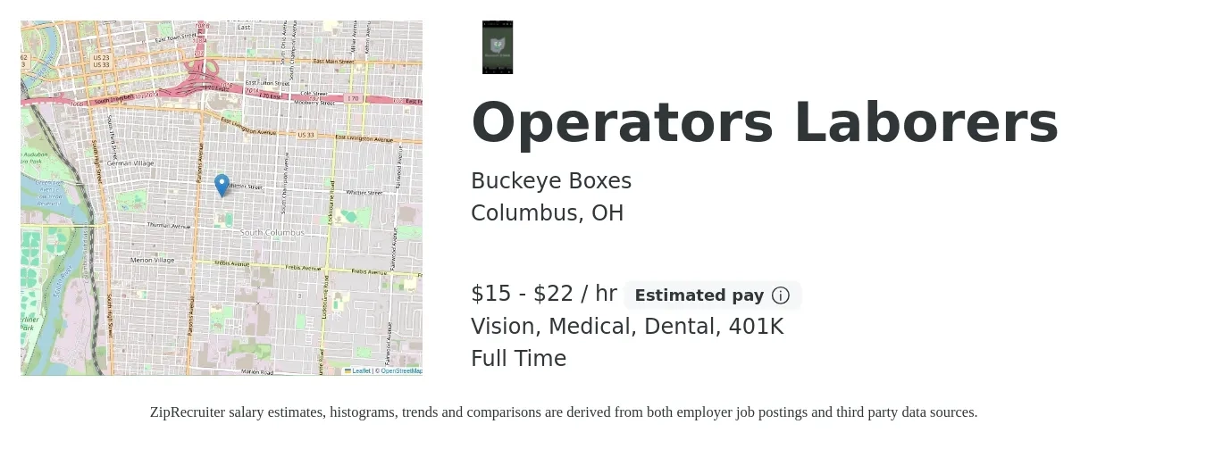 Buckeye Boxes job posting for a Operators Laborers in Columbus, OH with a salary of $16 to $23 Hourly and benefits including life_insurance, medical, vision, 401k, and dental with a map of Columbus location.