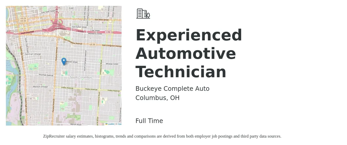 Buckeye Complete Auto job posting for a Experienced Automotive Technician in Columbus, OH with a salary of $28 to $38 Hourly with a map of Columbus location.