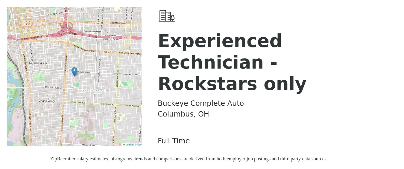 Buckeye Complete Auto job posting for a Experienced Technician - Rockstars only in Columbus, OH with a salary of $34 to $40 Hourly with a map of Columbus location.