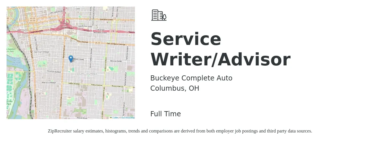 Buckeye Complete Auto job posting for a Service Writer/Advisor in Columbus, OH with a salary of $70,000 Yearly with a map of Columbus location.