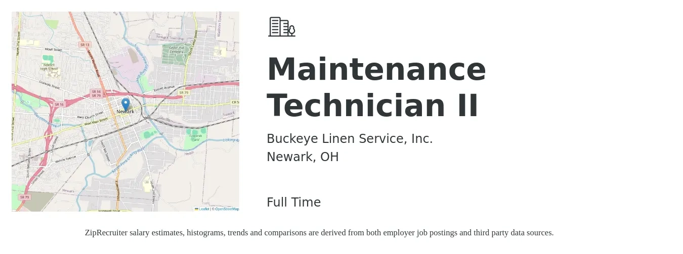 Buckeye Linen Service, Inc. job posting for a Maintenance Technician II in Newark, OH with a salary of $18 to $24 Hourly with a map of Newark location.
