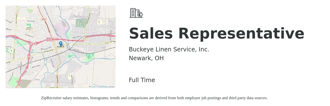 Buckeye Linen Service, Inc. job posting for a Sales Representative in Newark, OH with a salary of $49,200 to $85,500 Yearly with a map of Newark location.
