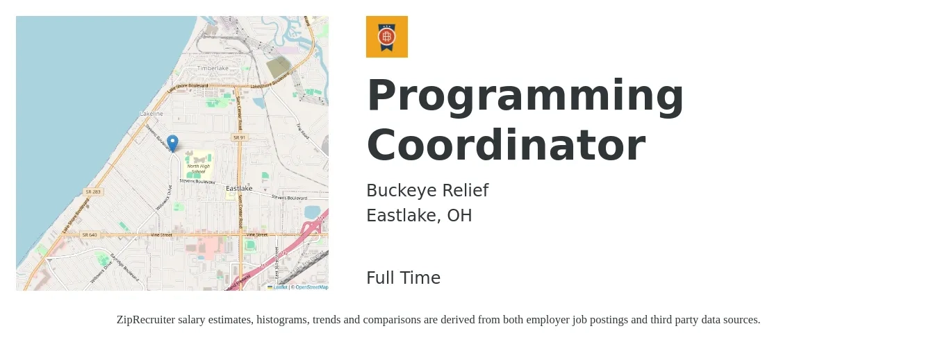 Buckeye Relief job posting for a Programming Coordinator in Eastlake, OH with a salary of $60 to $75 Yearly with a map of Eastlake location.
