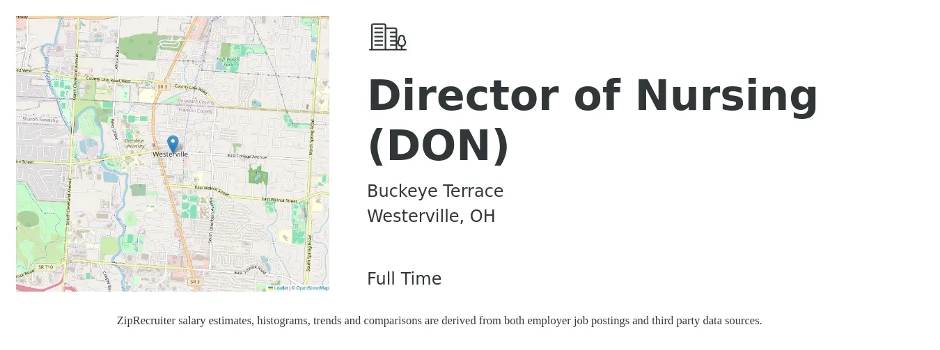 Buckeye Terrace job posting for a Director of Nursing (DON) in Westerville, OH with a salary of $80,000 to $121,000 Yearly with a map of Westerville location.