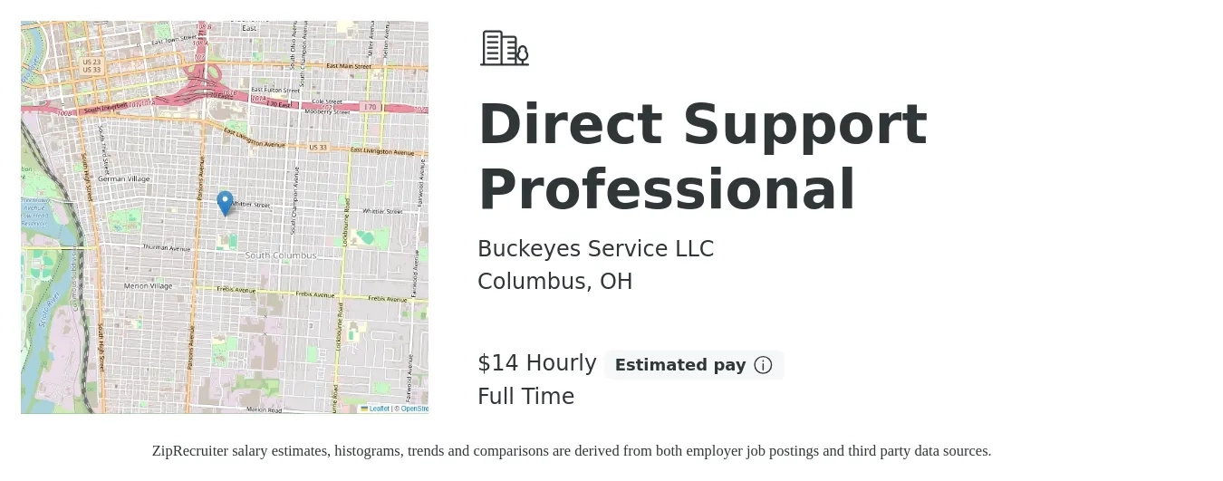 Buckeyes Service LLC job posting for a Direct Support Professional in Columbus, OH with a salary of $15 Hourly with a map of Columbus location.