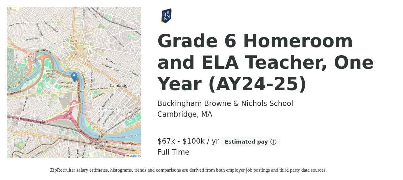 Buckingham Browne & Nichols School job posting for a Grade 6 Homeroom and ELA Teacher, One Year (AY24-25) in Cambridge, MA with a salary of $67,500 to $100,146 Yearly with a map of Cambridge location.