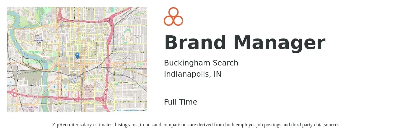 Buckingham Search job posting for a Brand Manager in Indianapolis, IN with a salary of $53,000 to $104,200 Yearly with a map of Indianapolis location.