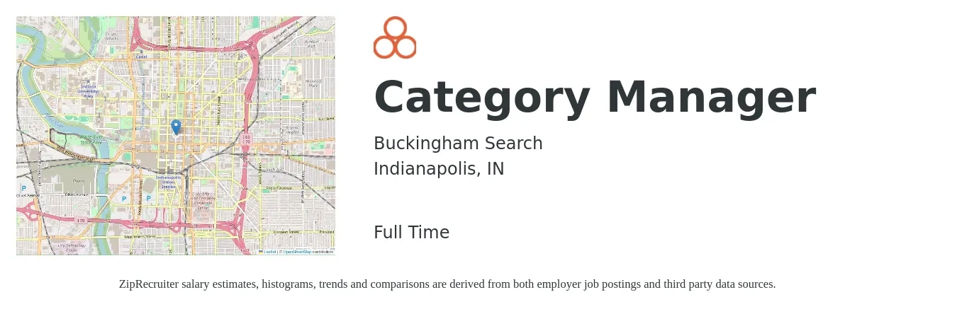 Buckingham Search job posting for a Category Manager in Indianapolis, IN with a salary of $72,200 to $105,600 Yearly with a map of Indianapolis location.