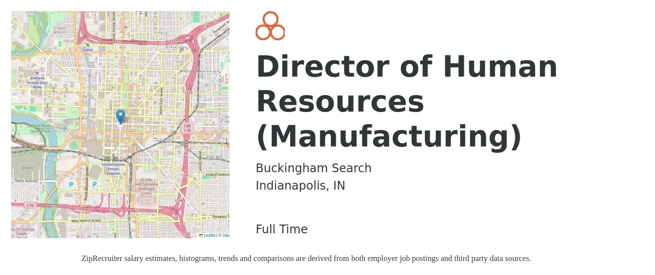 Buckingham Search job posting for a Director of Human Resources (Manufacturing) in Indianapolis, IN with a salary of $84,600 to $130,500 Yearly with a map of Indianapolis location.