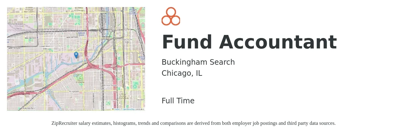 Buckingham Search job posting for a Fund Accountant in Chicago, IL with a salary of $68,600 to $102,100 Yearly with a map of Chicago location.