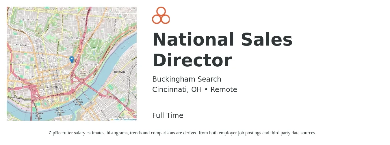 Buckingham Search job posting for a National Sales Director in Cincinnati, OH with a salary of $96,400 to $133,000 Yearly with a map of Cincinnati location.