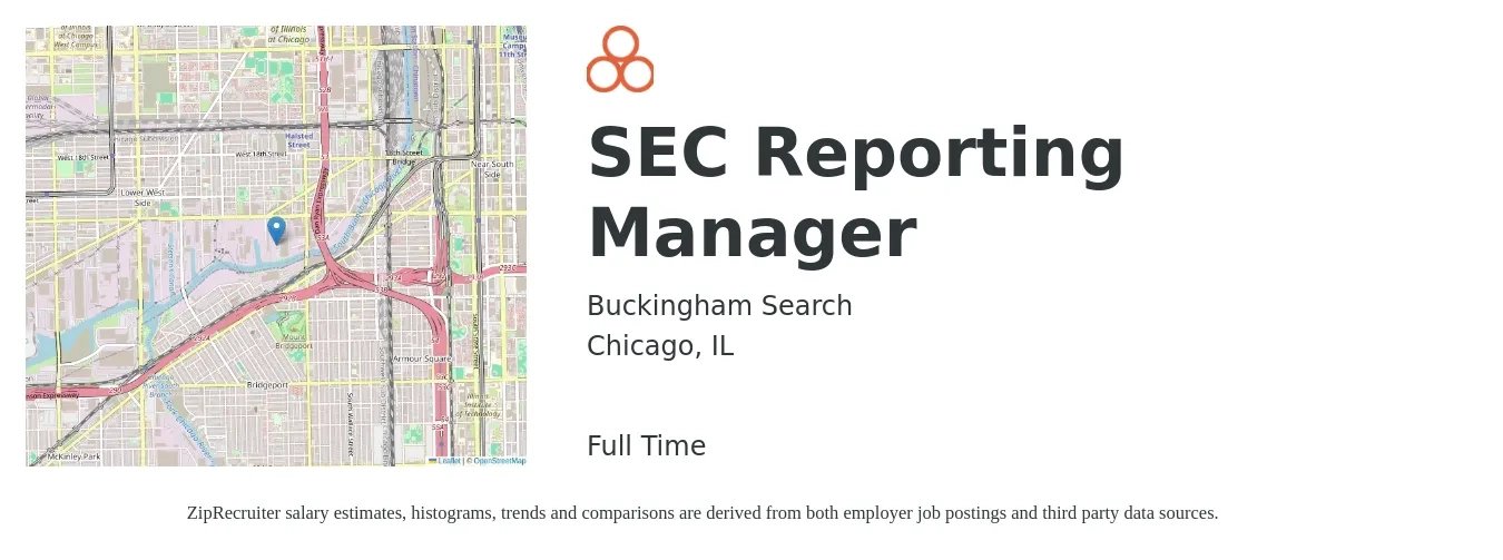 Buckingham Search job posting for a SEC Reporting Manager in Chicago, IL with a salary of $143,300 Yearly with a map of Chicago location.