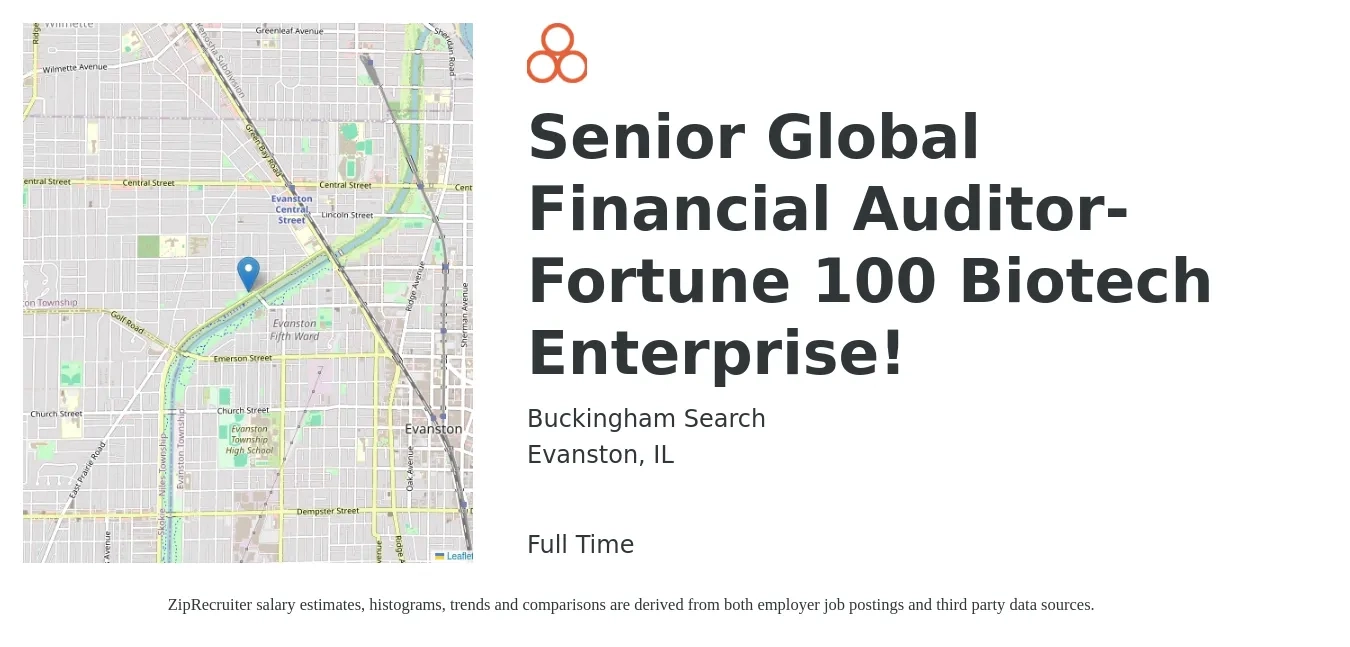 Buckingham Search job posting for a Senior Global Financial Auditor-Fortune 100 Biotech Enterprise! in Evanston, IL with a salary of $78,000 to $95,800 Yearly with a map of Evanston location.