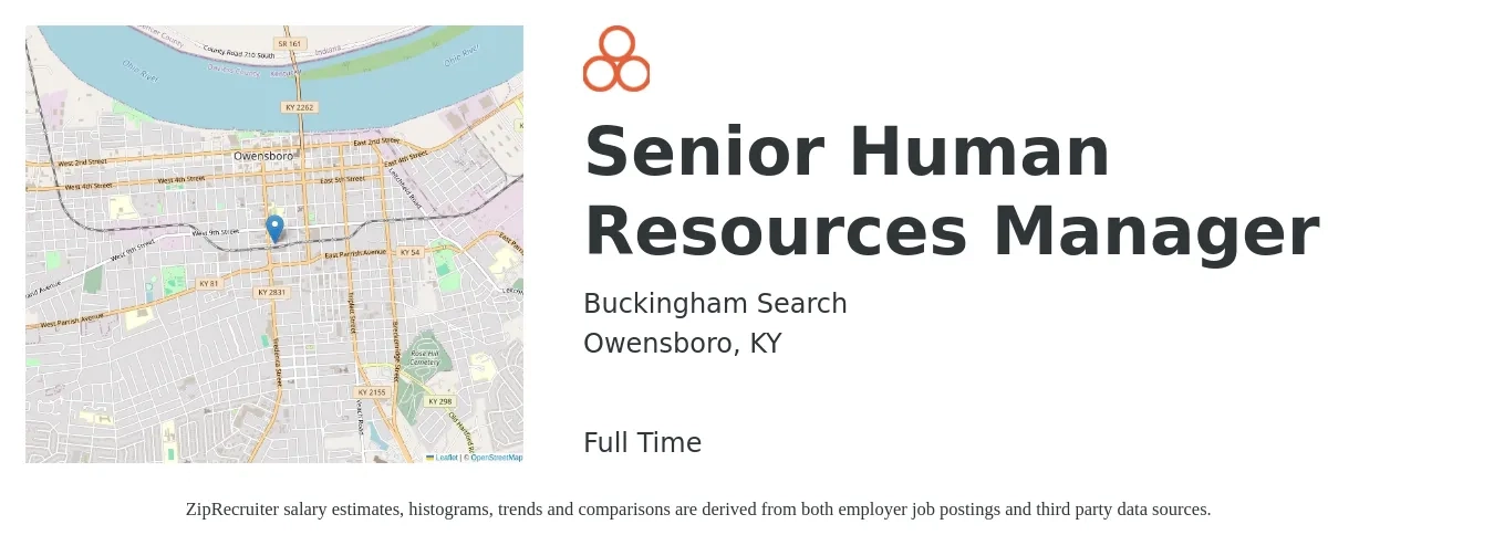 Buckingham Search job posting for a Senior Human Resources Manager in Owensboro, KY with a salary of $82,100 to $126,600 Yearly with a map of Owensboro location.