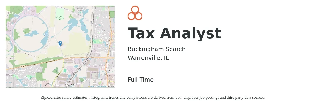 Buckingham Search job posting for a Tax Analyst in Warrenville, IL with a salary of $58,900 to $101,800 Yearly with a map of Warrenville location.