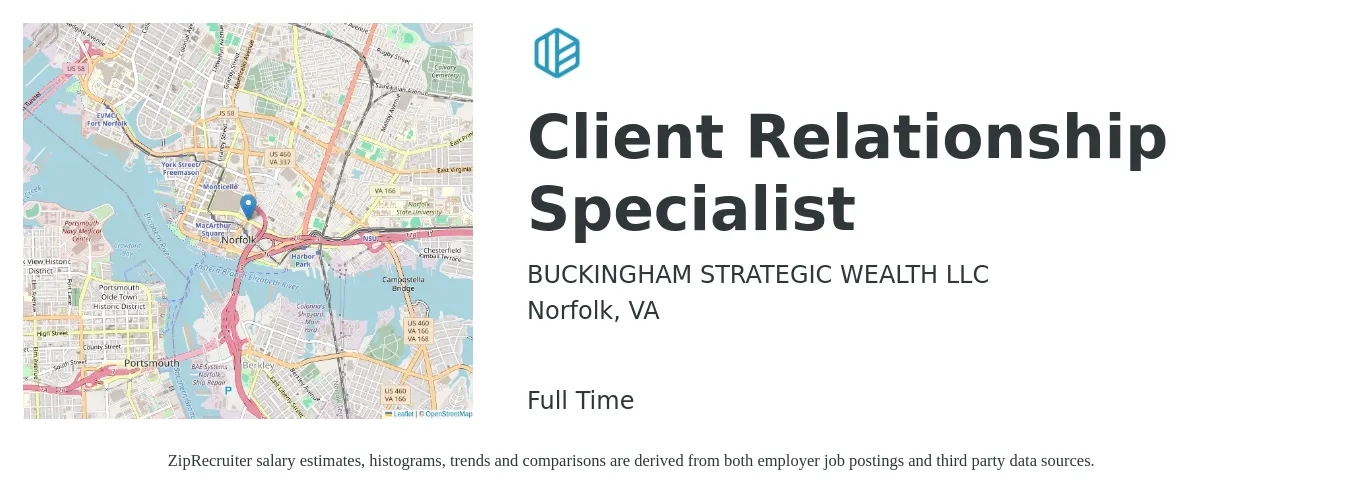 BUCKINGHAM STRATEGIC WEALTH LLC job posting for a Client Relationship Specialist in Norfolk, VA with a salary of $18 to $26 Hourly with a map of Norfolk location.
