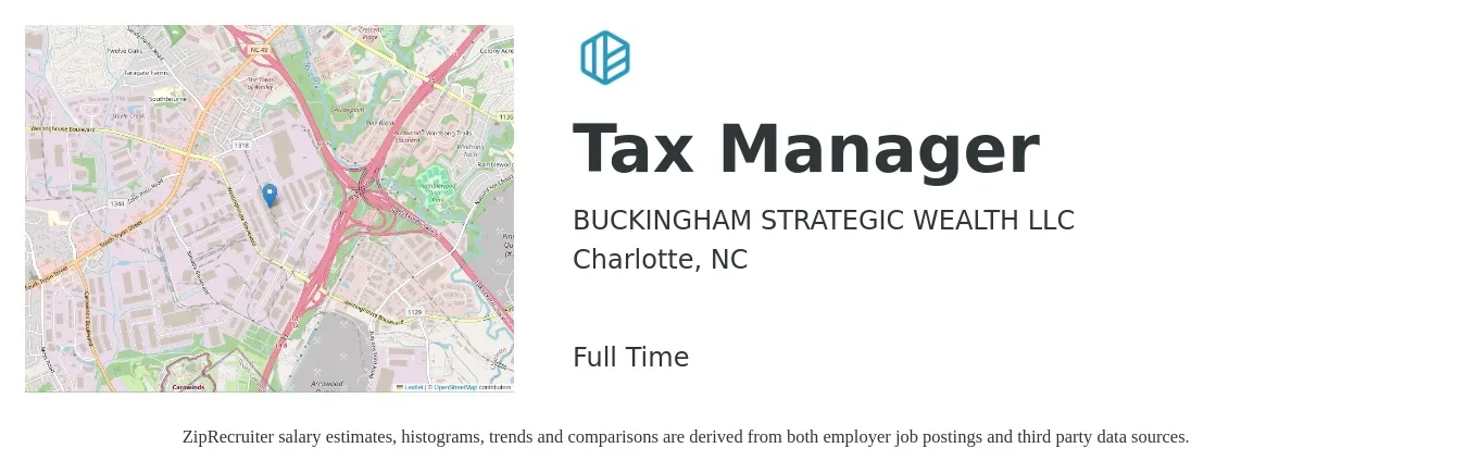 BUCKINGHAM STRATEGIC WEALTH LLC job posting for a Tax Manager in Charlotte, NC with a salary of $104,400 to $136,900 Yearly with a map of Charlotte location.