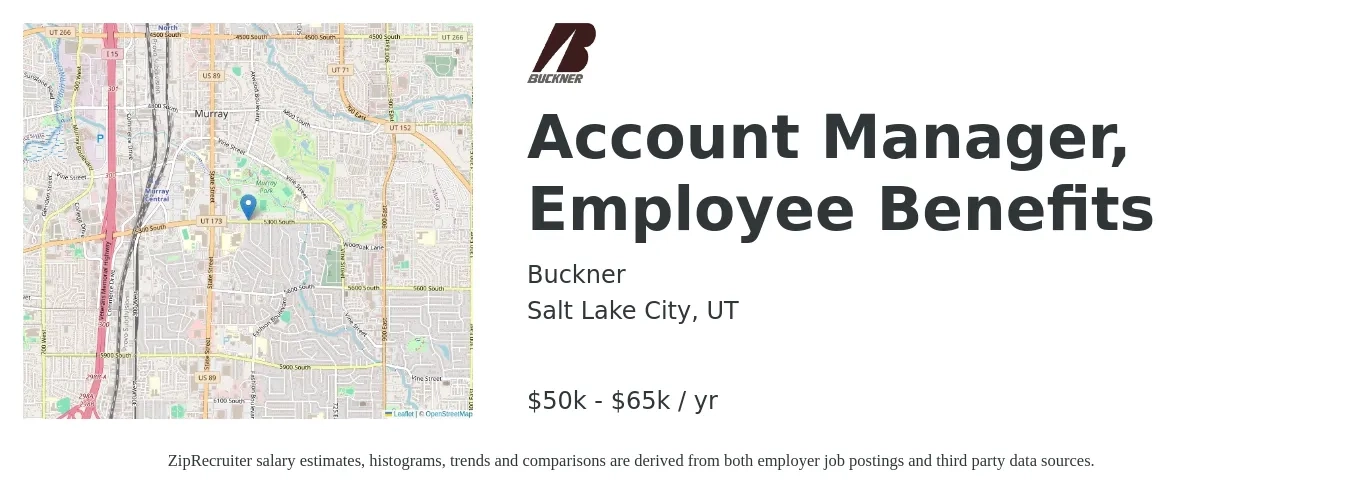 Buckner job posting for a Account Manager, Employee Benefits in Salt Lake City, UT with a salary of $50,000 to $65,000 Yearly with a map of Salt Lake City location.