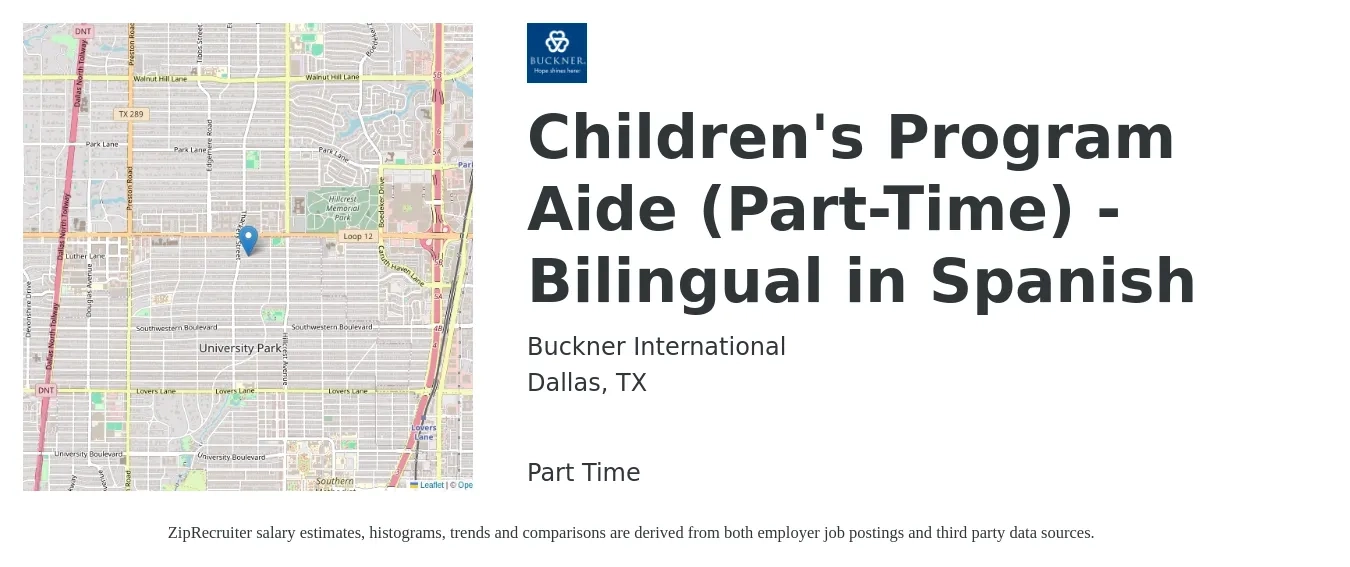 Buckner International job posting for a Children's Program Aide (Part-Time) - Bilingual in Spanish in Dallas, TX with a salary of $15 to $24 Hourly with a map of Dallas location.