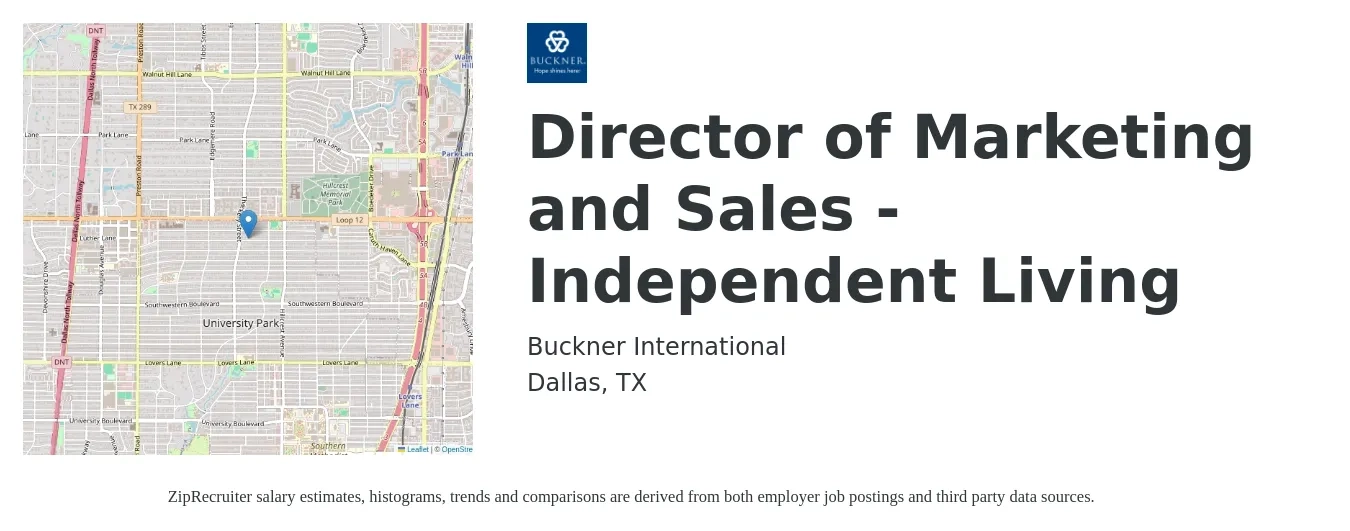 Buckner International job posting for a Director of Marketing and Sales - Independent Living in Dallas, TX with a salary of $62,800 to $113,300 Yearly with a map of Dallas location.