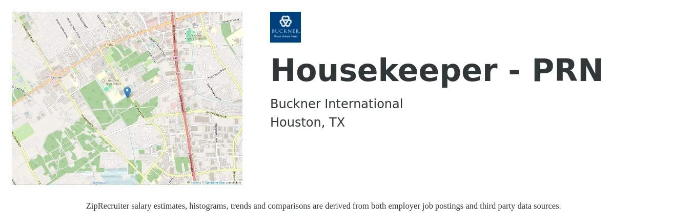 Buckner International job posting for a Housekeeper - PRN in Houston, TX with a salary of $13 to $17 Hourly with a map of Houston location.