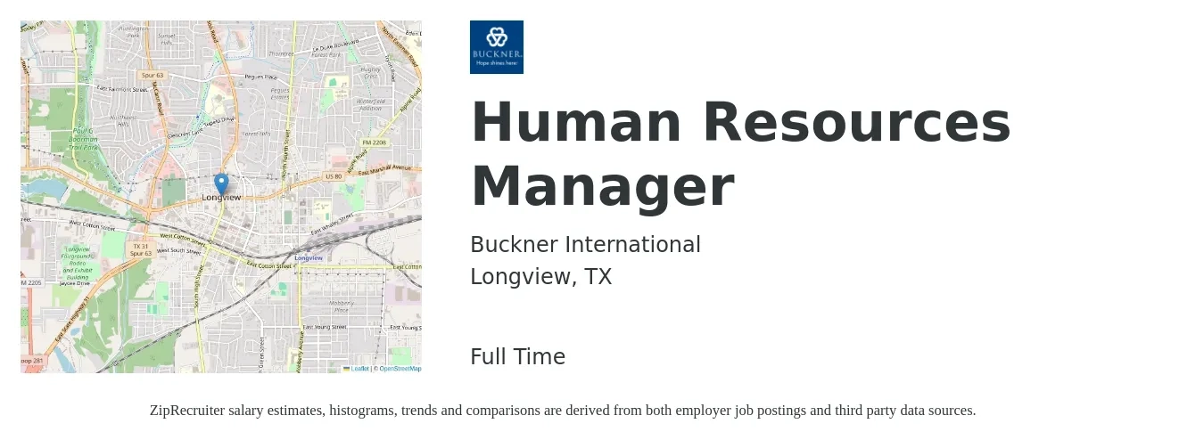 Buckner International job posting for a Human Resources Manager in Longview, TX with a salary of $61,500 to $89,100 Yearly with a map of Longview location.