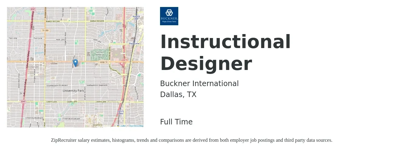 Buckner International job posting for a Instructional Designer in Dallas, TX with a salary of $64,300 to $87,100 Yearly with a map of Dallas location.