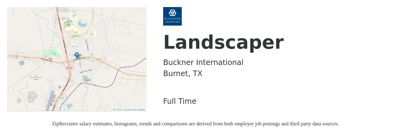 Buckner International job posting for a Landscaper in Burnet, TX with a salary of $14 to $18 Hourly with a map of Burnet location.