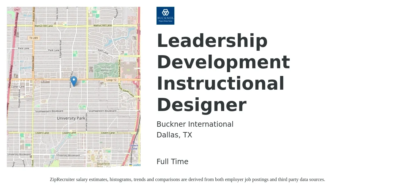Buckner International job posting for a Leadership Development Instructional Designer in Dallas, TX with a salary of $64,300 to $87,100 Yearly with a map of Dallas location.