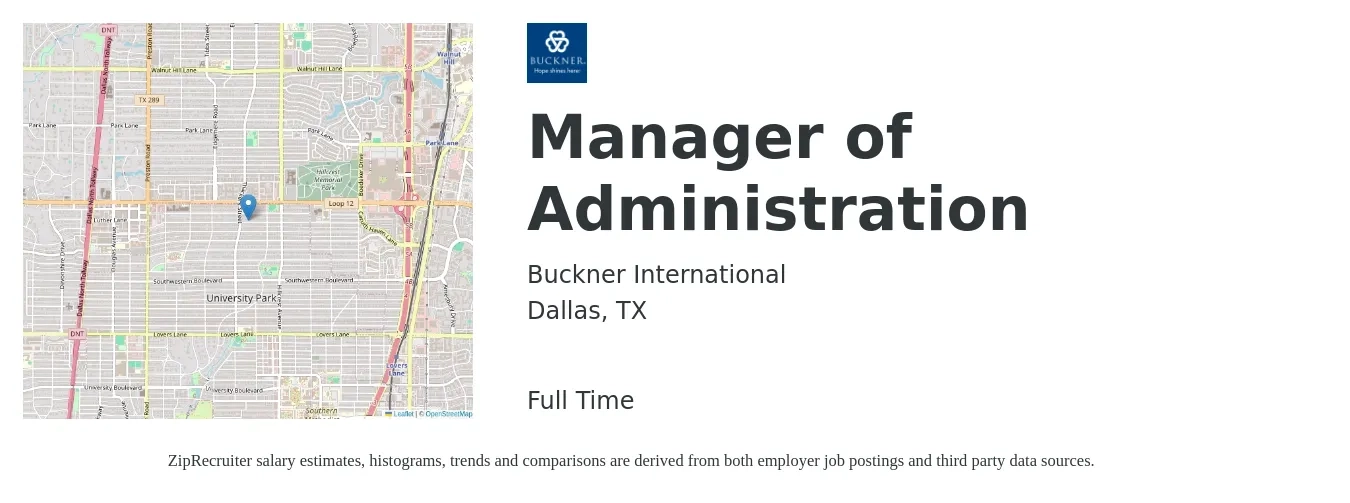 Buckner International job posting for a Manager of Administration in Dallas, TX with a salary of $55,400 to $96,900 Yearly with a map of Dallas location.