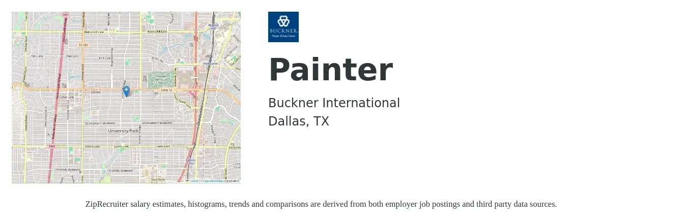 Buckner International job posting for a Painter in Dallas, TX with a salary of $18 to $25 Hourly with a map of Dallas location.