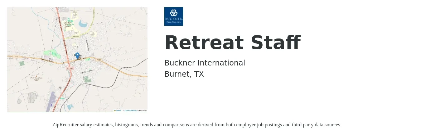 Buckner International job posting for a Retreat Staff in Burnet, TX with a salary of $51,700 to $75,300 Yearly with a map of Burnet location.