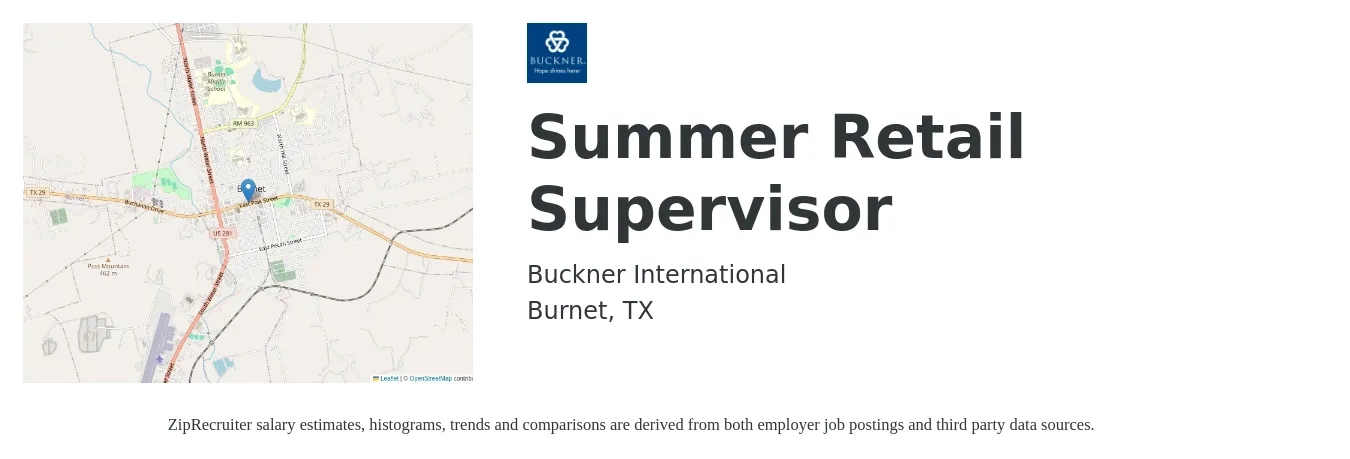 Buckner International job posting for a Summer Retail Supervisor in Burnet, TX with a salary of $16 to $25 Hourly with a map of Burnet location.