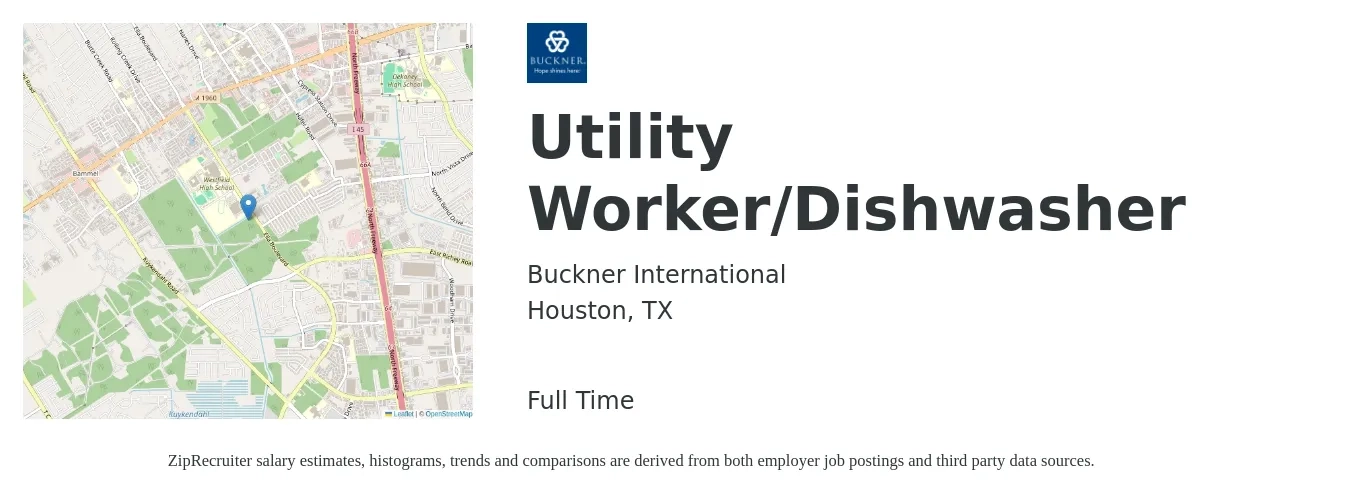 Buckner International job posting for a Utility Worker/Dishwasher in Houston, TX with a salary of $12 to $16 Hourly with a map of Houston location.