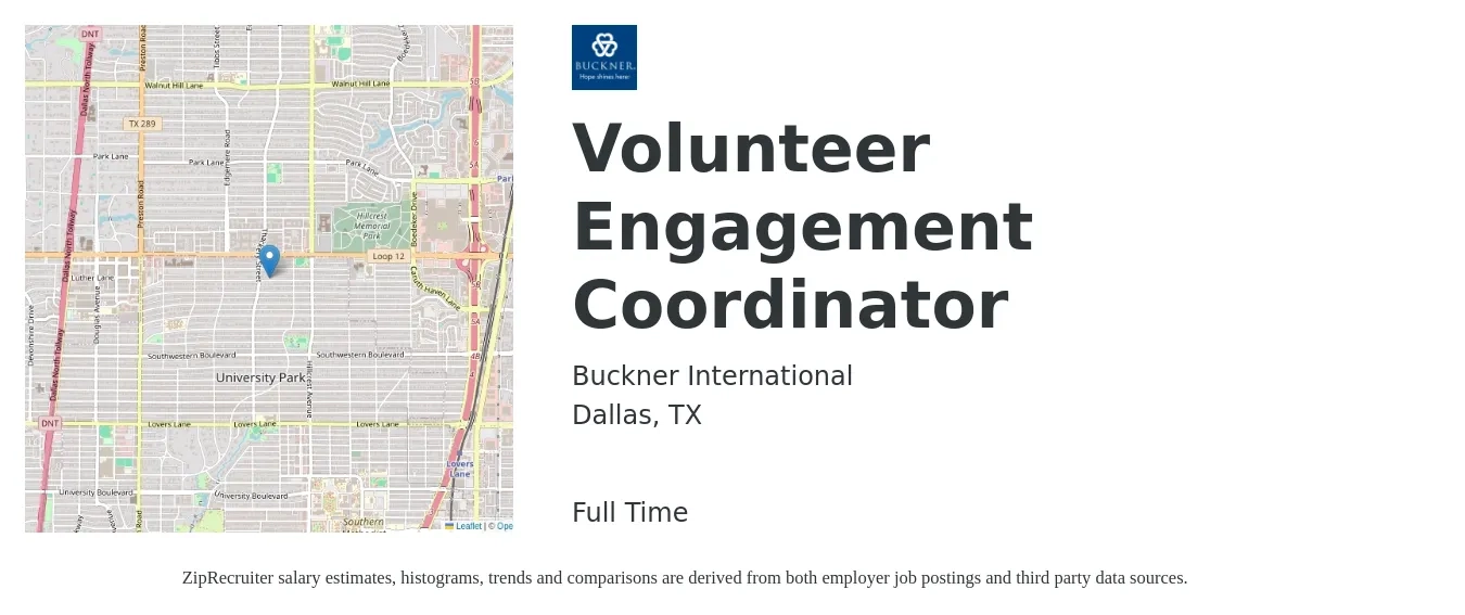 Buckner International job posting for a Volunteer Engagement Coordinator in Dallas, TX with a salary of $18 to $26 Hourly with a map of Dallas location.