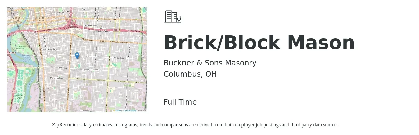 Buckner & Sons Masonry job posting for a Brick/Block Mason in Columbus, OH with a salary of $22 to $28 Hourly with a map of Columbus location.