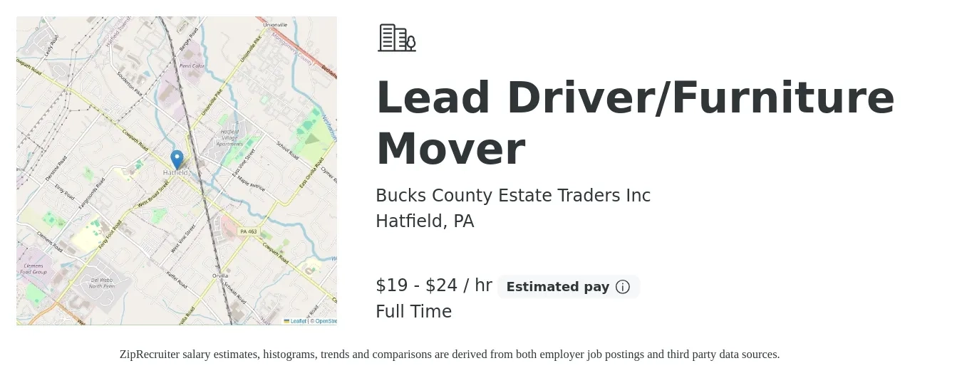 Bucks County Estate Traders Inc job posting for a Lead Driver/Furniture Mover in Hatfield, PA with a salary of $20 to $25 Hourly with a map of Hatfield location.