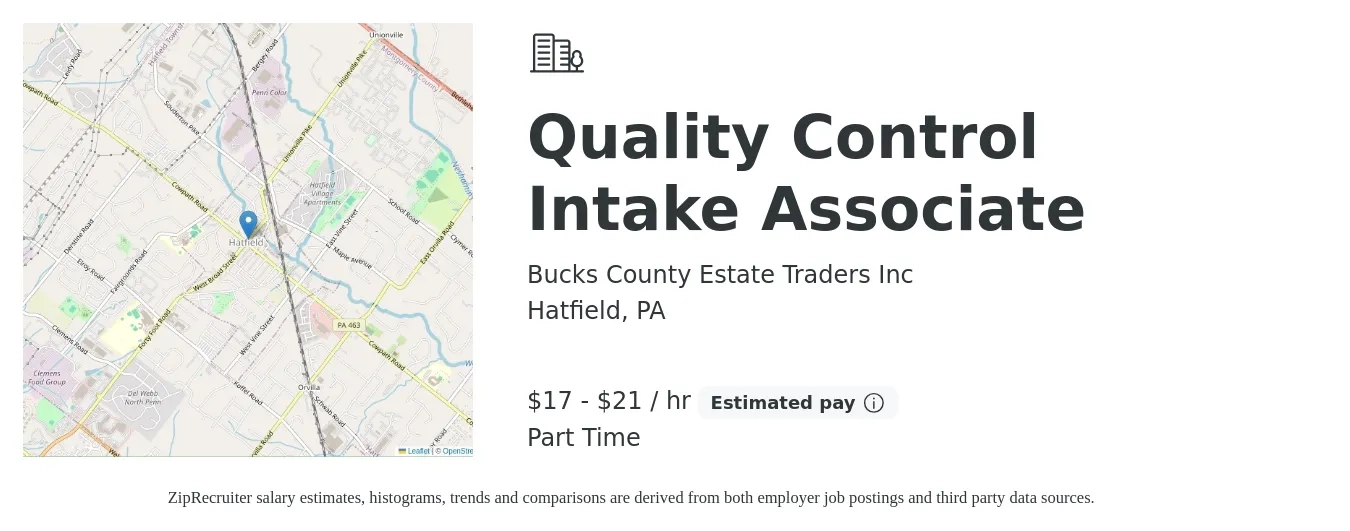 Bucks County Estate Traders Inc job posting for a Quality Control Intake Associate in Hatfield, PA with a salary of $18 to $22 Hourly with a map of Hatfield location.