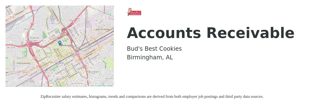 Bud's Best Cookies job posting for a Accounts Receivable in Birmingham, AL with a salary of $18 to $22 Hourly with a map of Birmingham location.