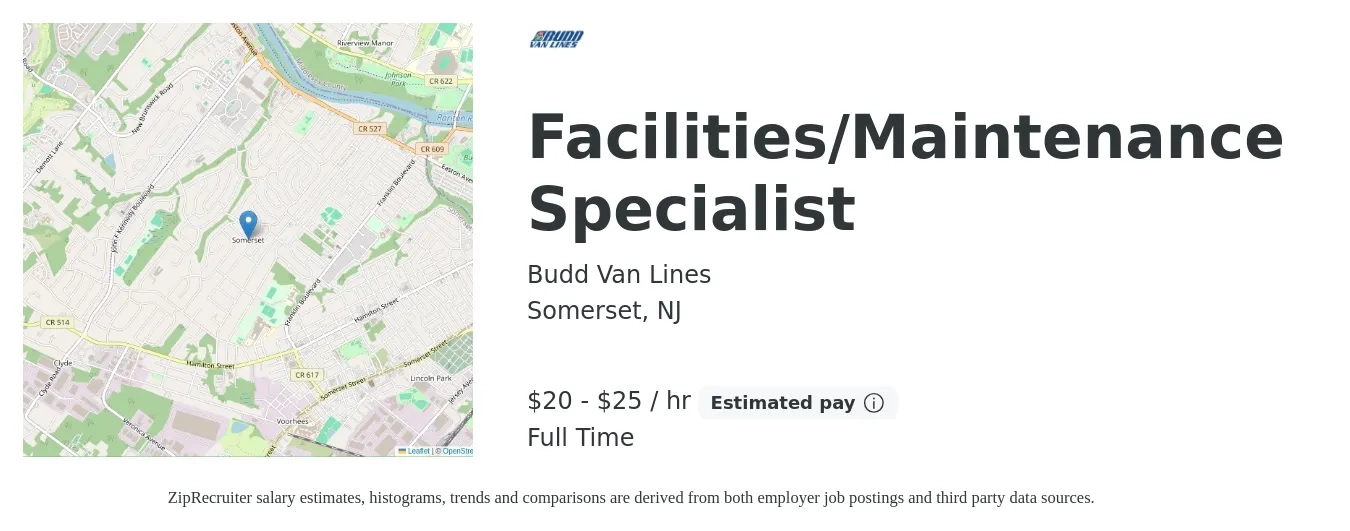 Budd Van Lines job posting for a Facilities/Maintenance Specialist in Somerset, NJ with a salary of $21 to $26 Hourly with a map of Somerset location.