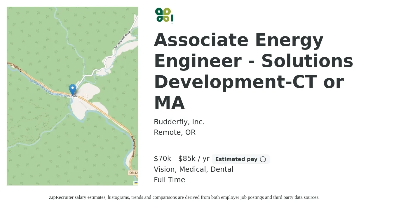 Budderfly, Inc. job posting for a Associate Energy Engineer - Solutions Development-CT or MA in Remote, OR with a salary of $70,000 to $85,000 Yearly and benefits including medical, retirement, vision, dental, and life_insurance with a map of Remote location.
